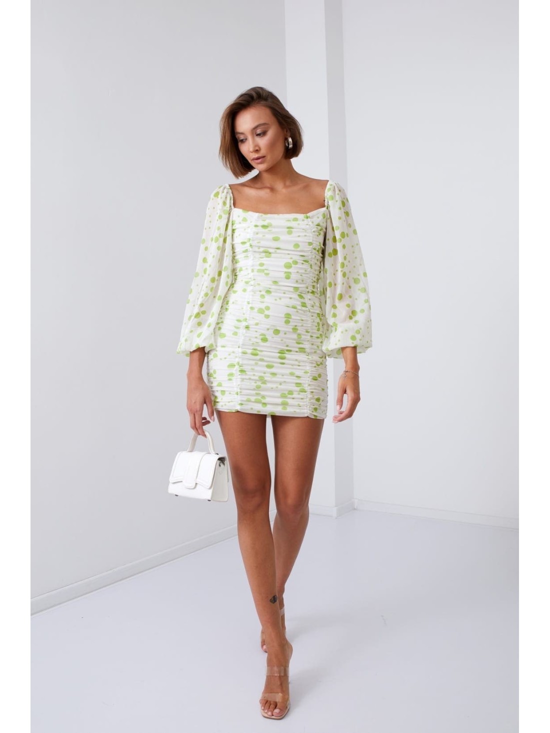 Rochie drapată cu buline, crem și lime 2940 - Magazin online - Boutique